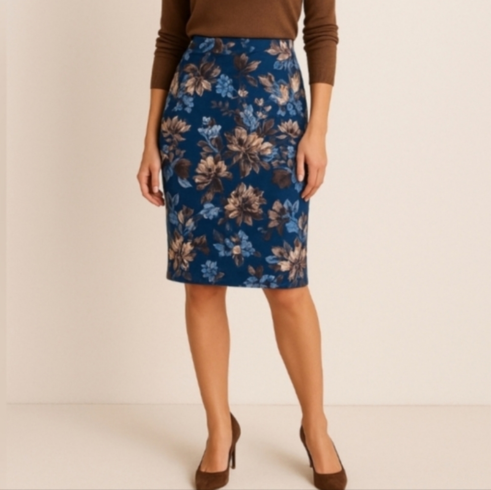 NEW Talbot's Blue Floral Pencil Tan Fall  Skirt 14